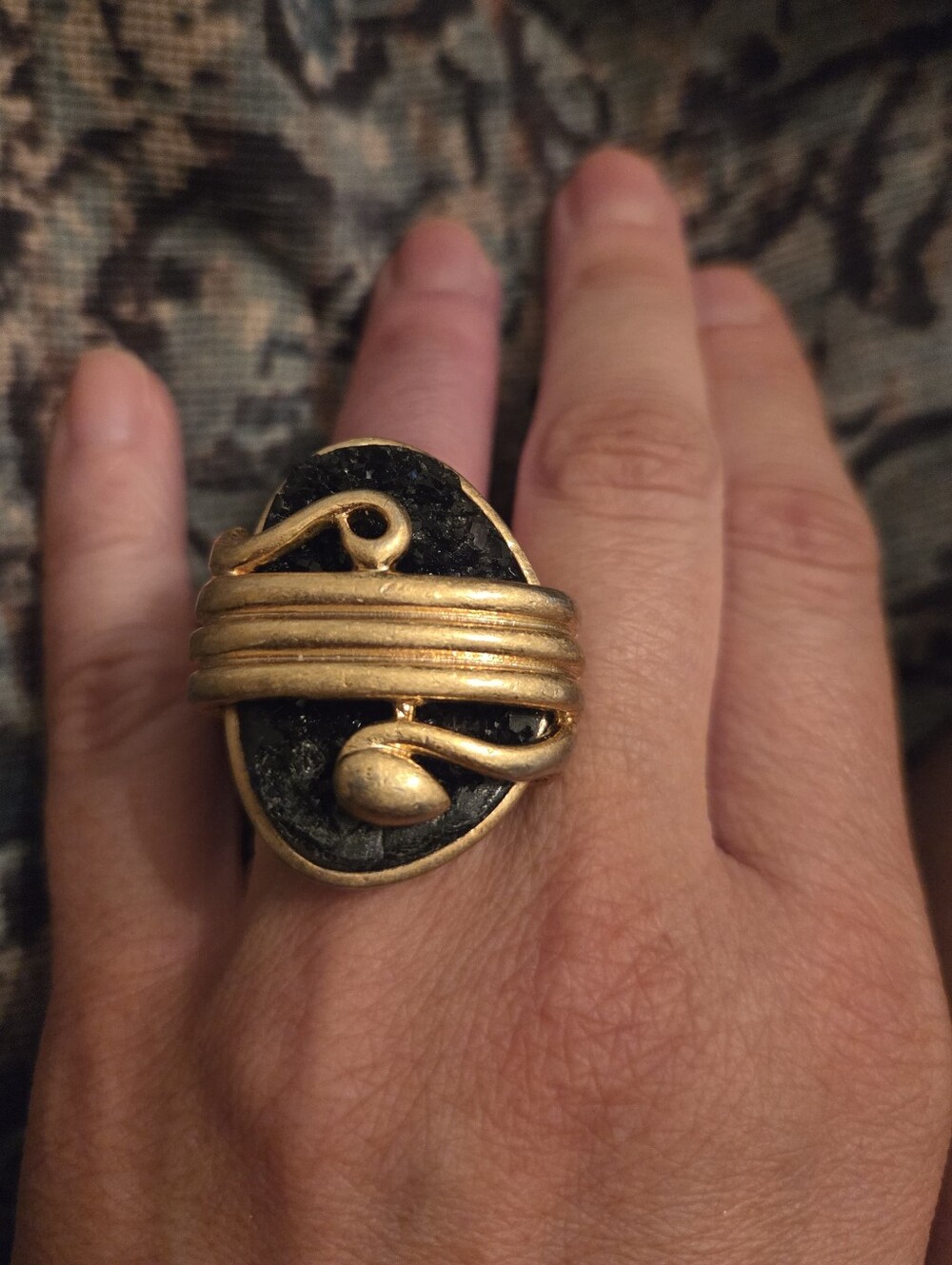 Lia Sophia Snake Cocktail Ring- Gold with Black Druzy
